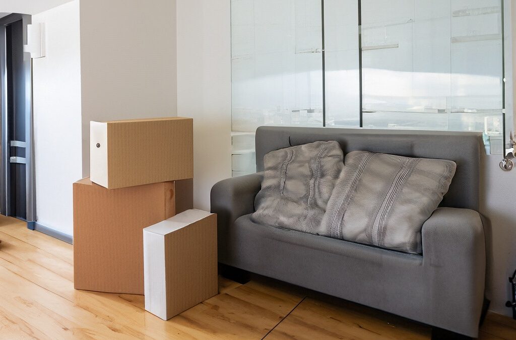 Foto aus einer Wohnung mit Couch und Kartons