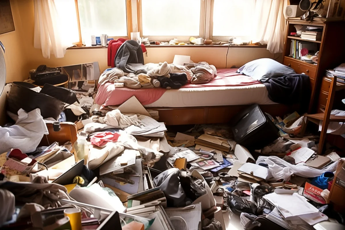 voller Raum einer Messiewohnung der entrümpelt werden soll
